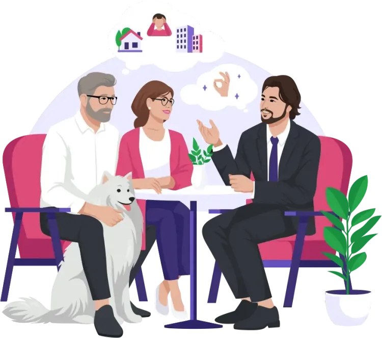 Illustration d’un couple accompagné d’un conseiller en immobilier, assis en discussion, avec un chien à leurs pieds et des pictogrammes de maison et d’argent flottant au-dessus.