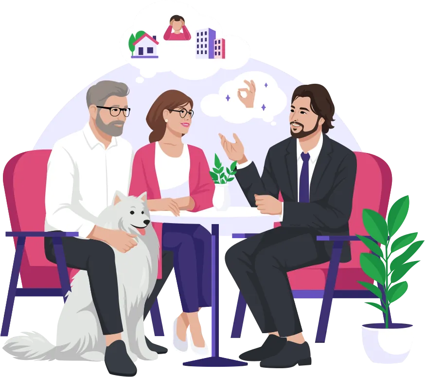 Illustration d’un couple accompagné d’un conseiller en immobilier, assis en discussion, avec un chien à leurs pieds et des pictogrammes de maison et d’argent flottant au-dessus.